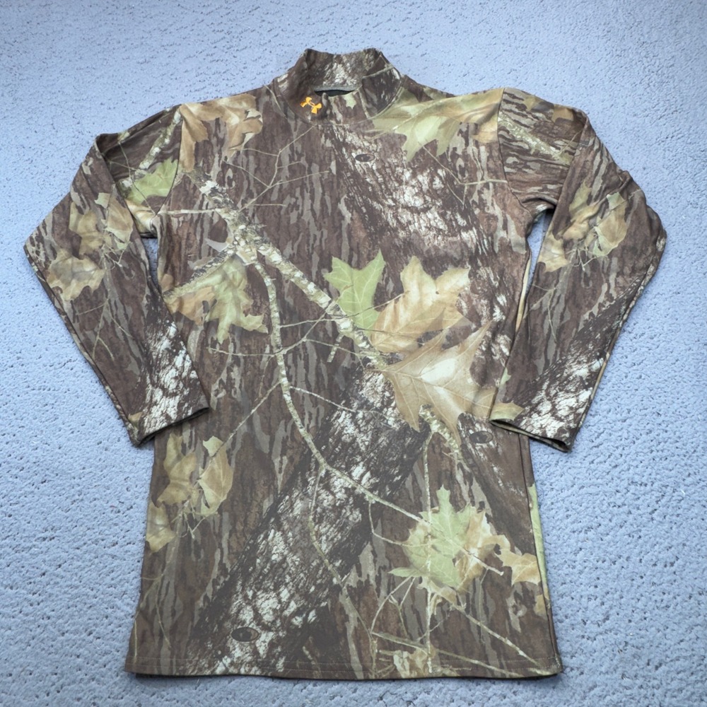 Under Armour Shirt Mens XL Brown Green Camo Mossy Oak Mock Performance Army Hunt